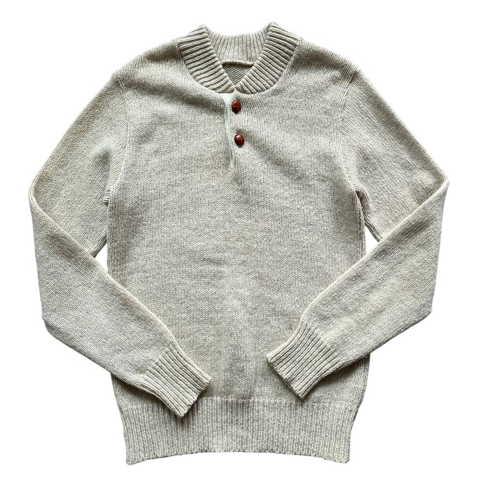 Vintage 1980s Cream Henley Wool Sweater / Knit Pullover / Mens / Sz S/M